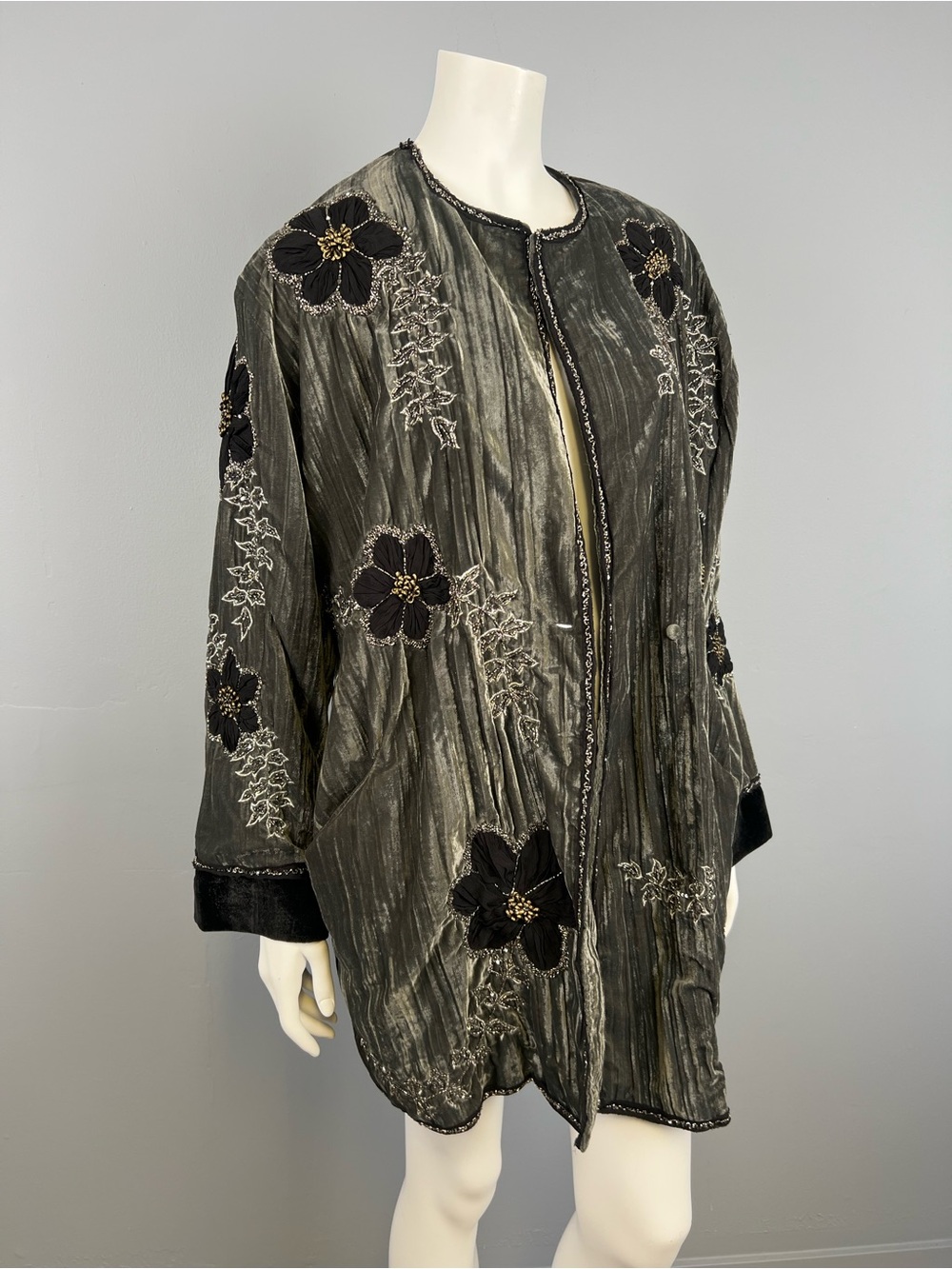ZARA Embroidered Velvet-Trim Grey Limited Edition Kimono Women's Coat